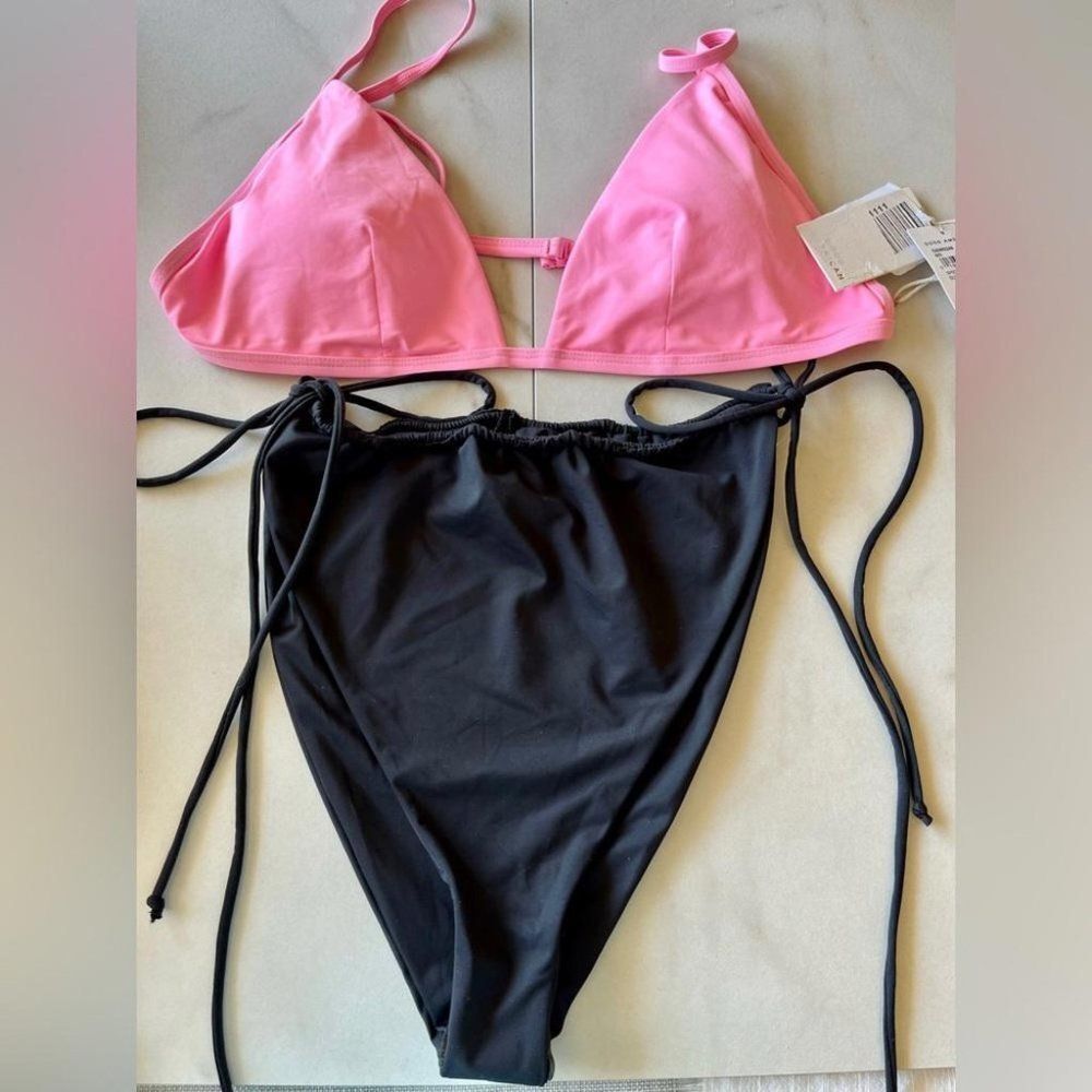 Nwt Good American sugar Barbie pink halter triable high waist black bikini set